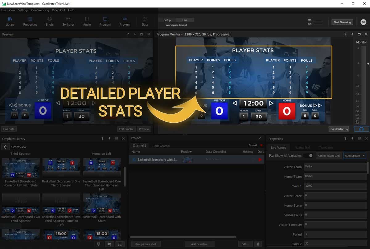 ScoreBuddy Pro basketball overlay with player statistics