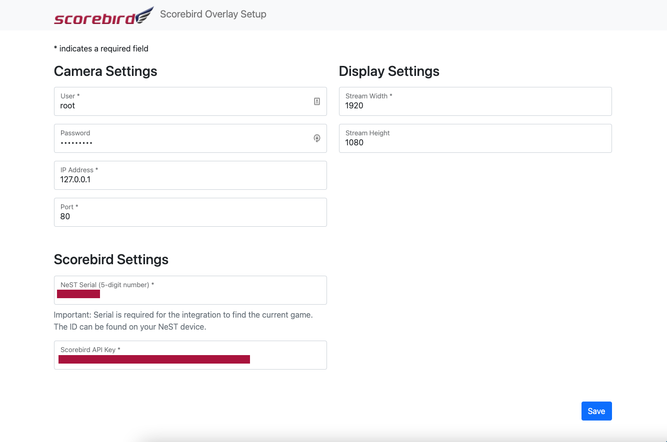 Enter API key, serial number, sport, and product — then Populate View Areas