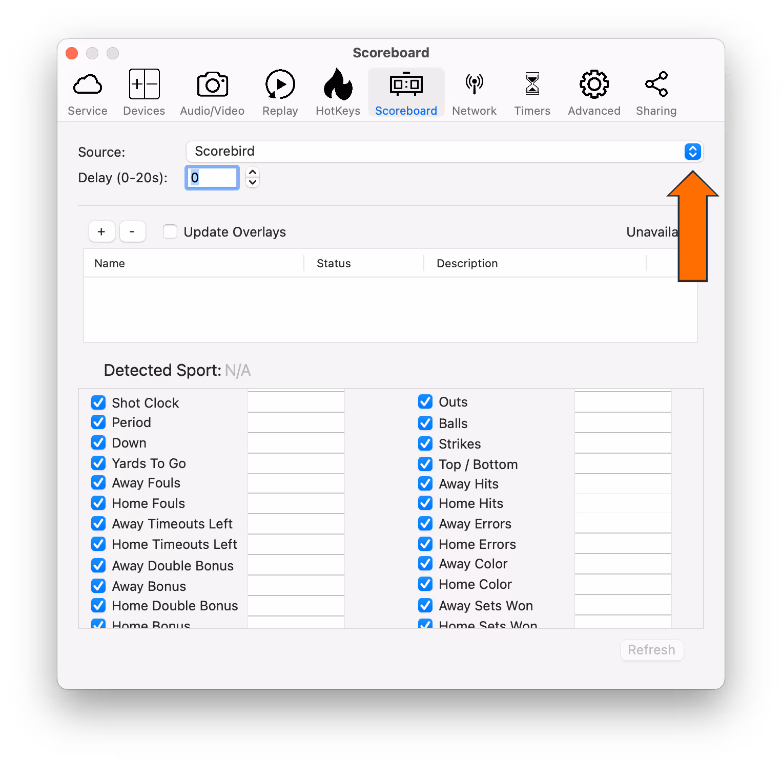 Select Scorebird as the scoreboard source
