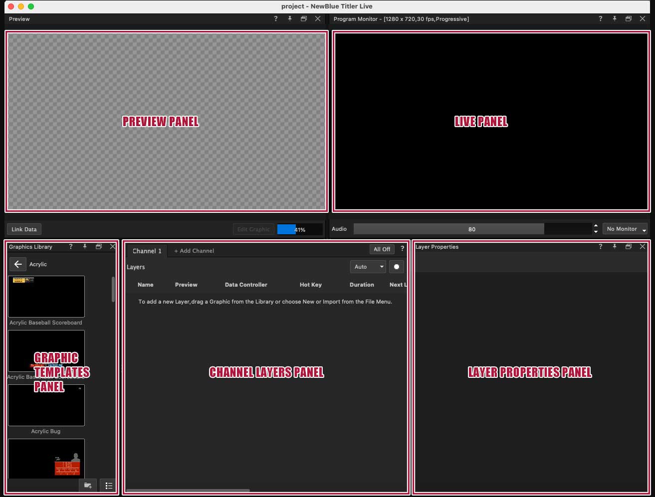 NewBlue Titler Live with five panels visible