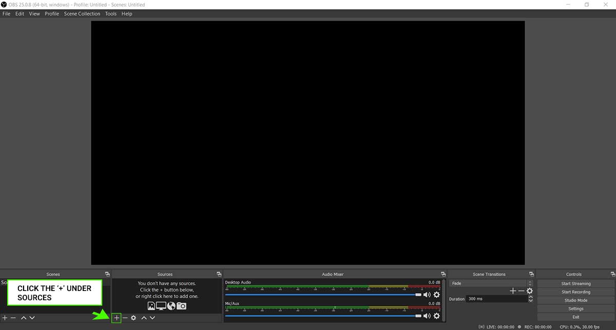 Click the + button in the OBS Sources panel