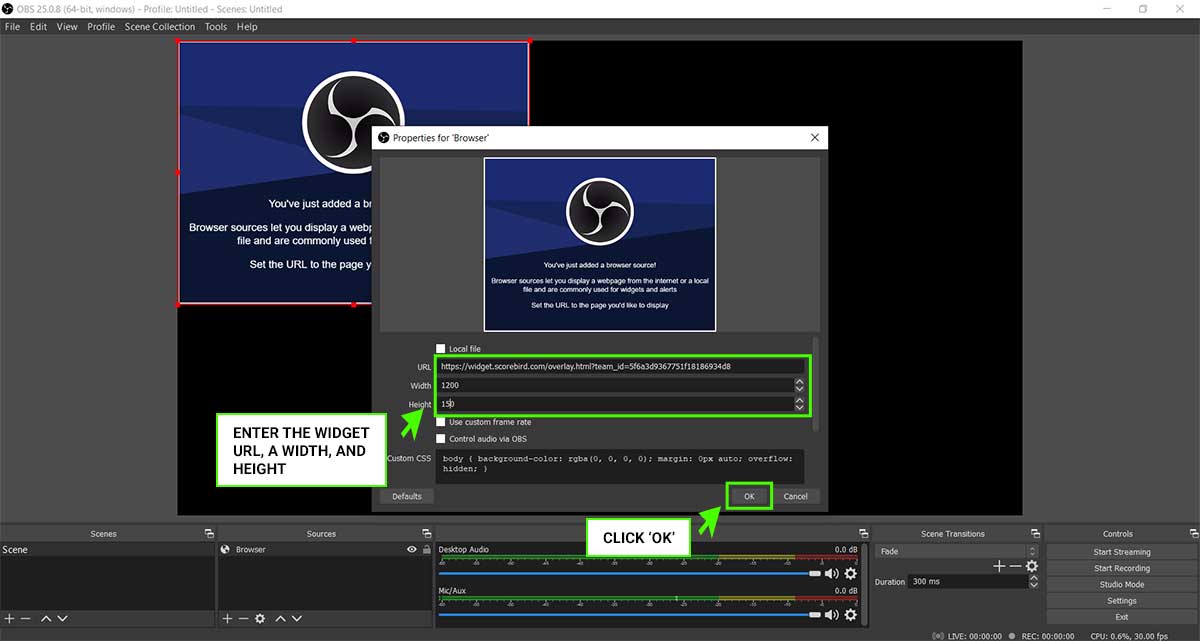 Paste the ScoreBird overlay URL