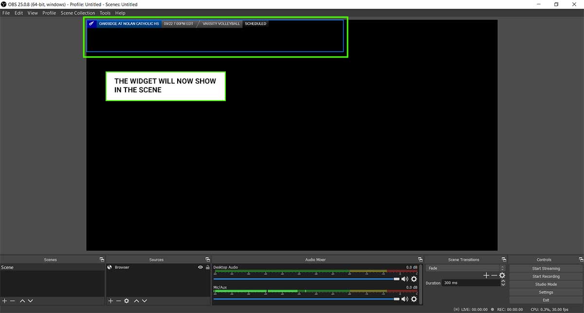 ScoreBird overlay loaded in OBS over the Hudl Focus feed
