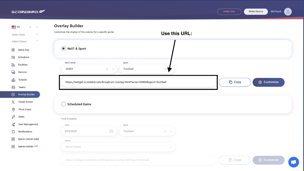 Copy the overlay URL from the ScoreBird portal Overlay Builder