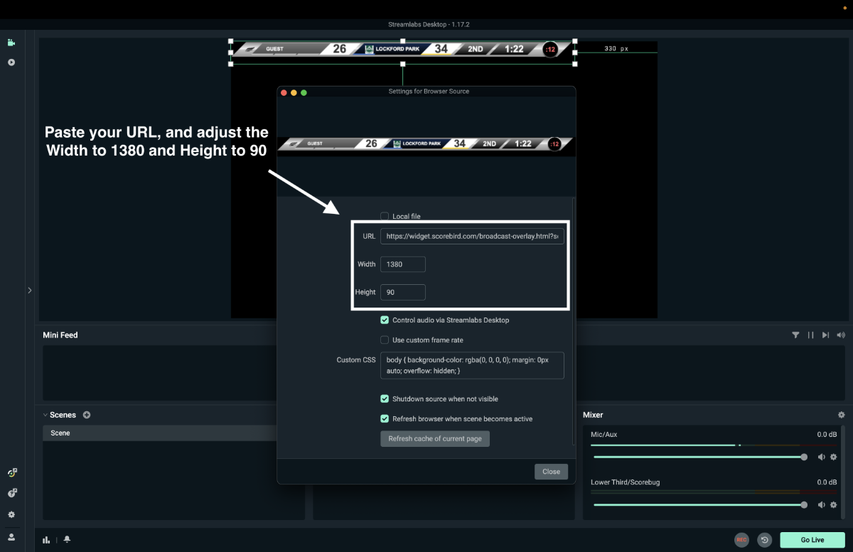 Paste the overlay URL and set width and height dimensions