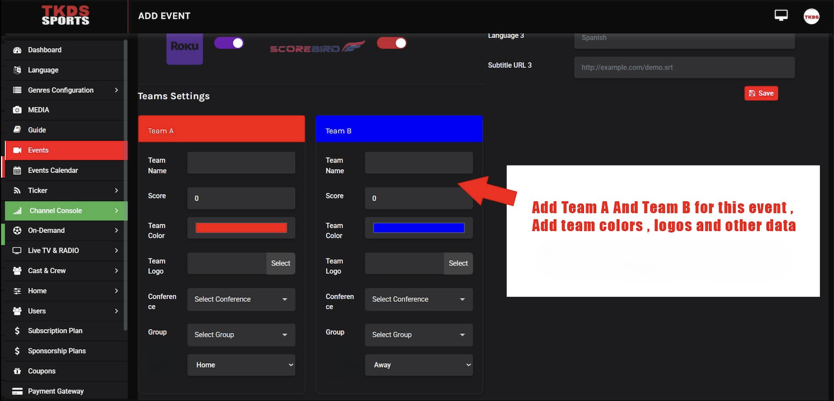 Team customization options in TKDS Media