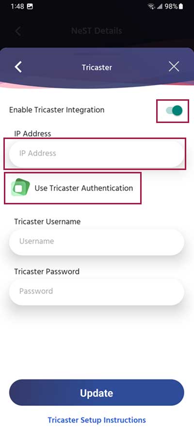Enter TriCaster configuration details