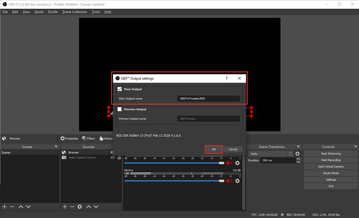 Tools > NDI Output Settings — enable Main Output