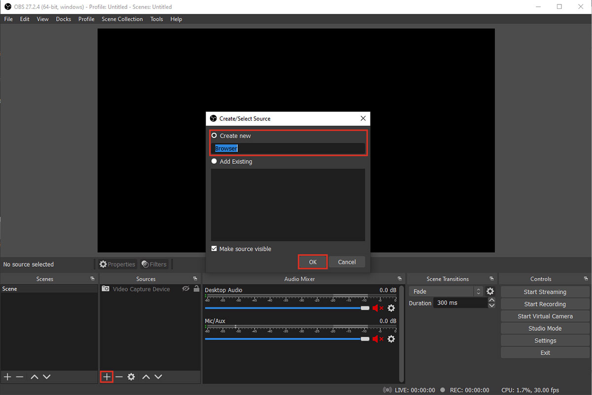 Add Browser Source in OBS