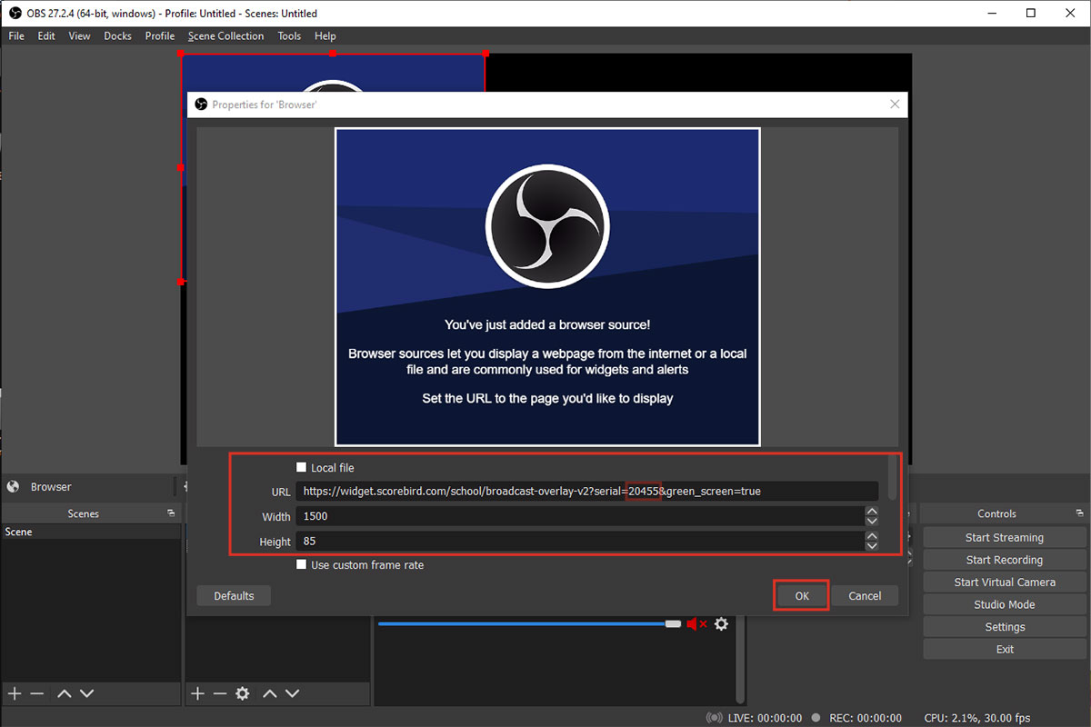 Enter the overlay URL with green_screen=true parameter