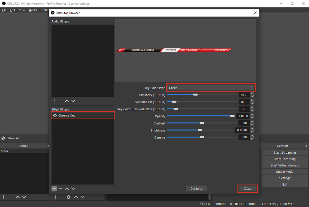 Configure Chroma Key — set color to green