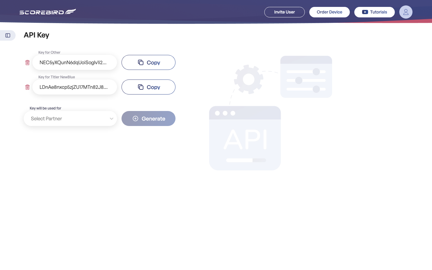 API Key screen showing the key with a copy button