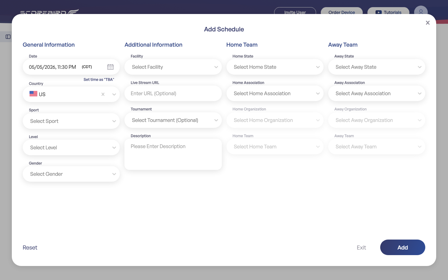 Add Schedule modal showing General Information, Additional Information, Home Team, and Away Team columns