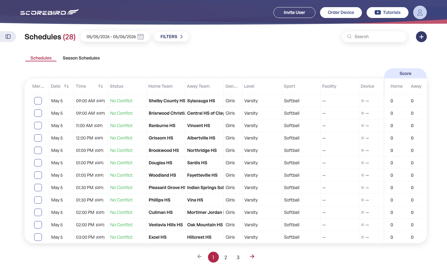 Schedules screen showing the schedules list with date range picker, filters, and game table