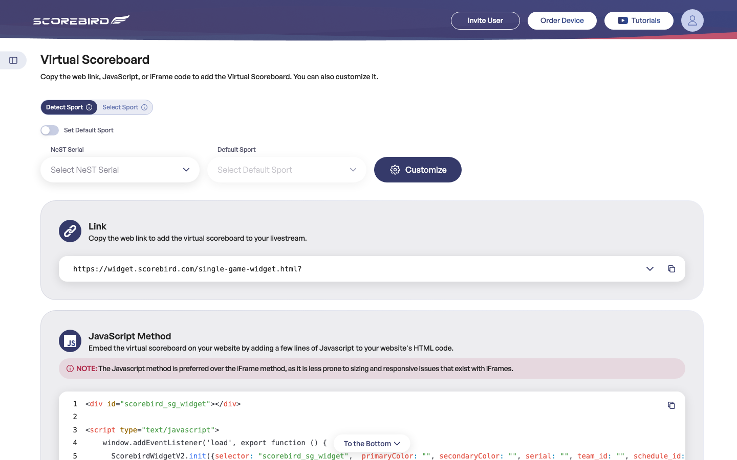 Virtual Scoreboard screen showing embed method sections for Link, JavaScript, and iFrame